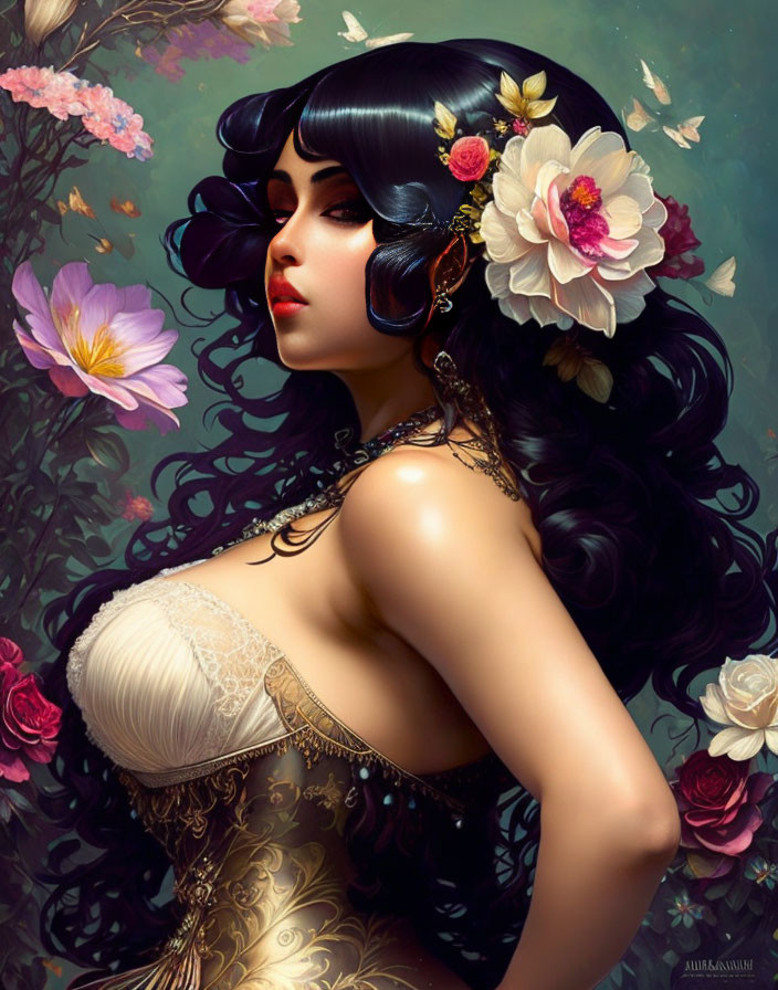 Woman with Black Hair and Floral Adornments in Corset and Headphones against Floral Background