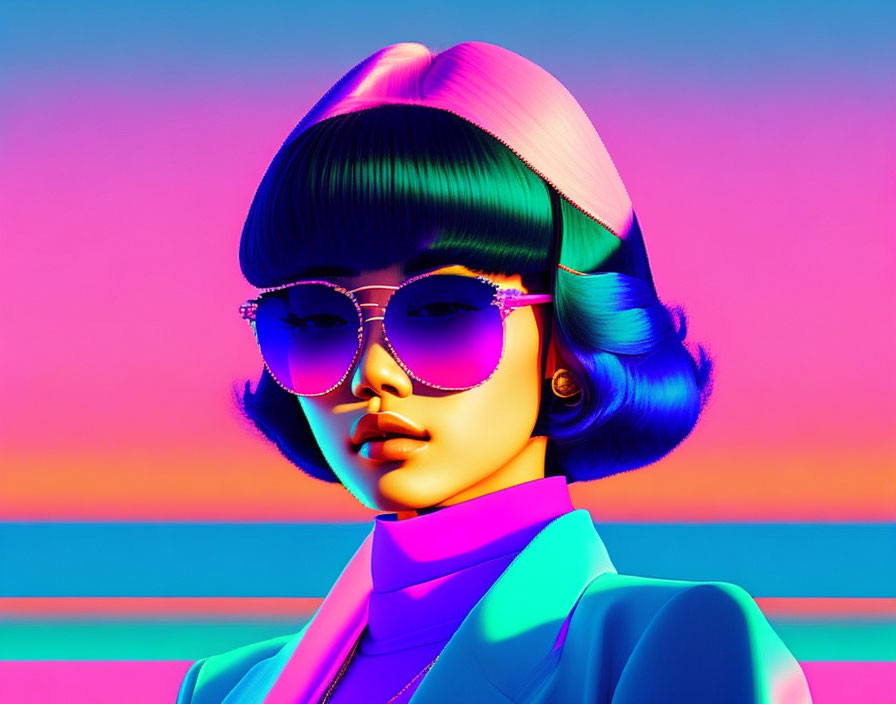 Colorful digital portrait of a woman with stylized hair and sunglasses on neon gradient backdrop