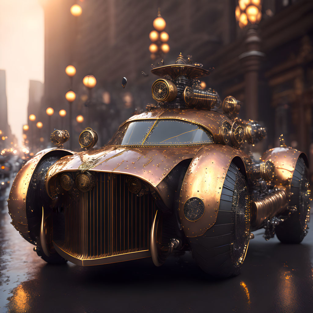 Futuristic steampunk car with glowing orbs in urban setting at dusk