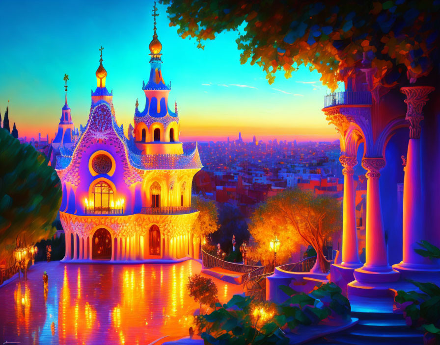 Fantastical twilight scene with illuminated building and gradient sky