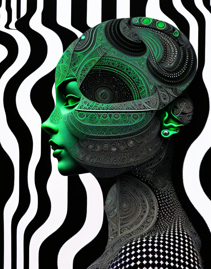 Stylized female profile with green and black patterns on striped background