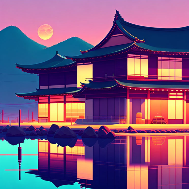 Digital art: Traditional Japanese building at dusk with reflections on water under a purple sky and full moon