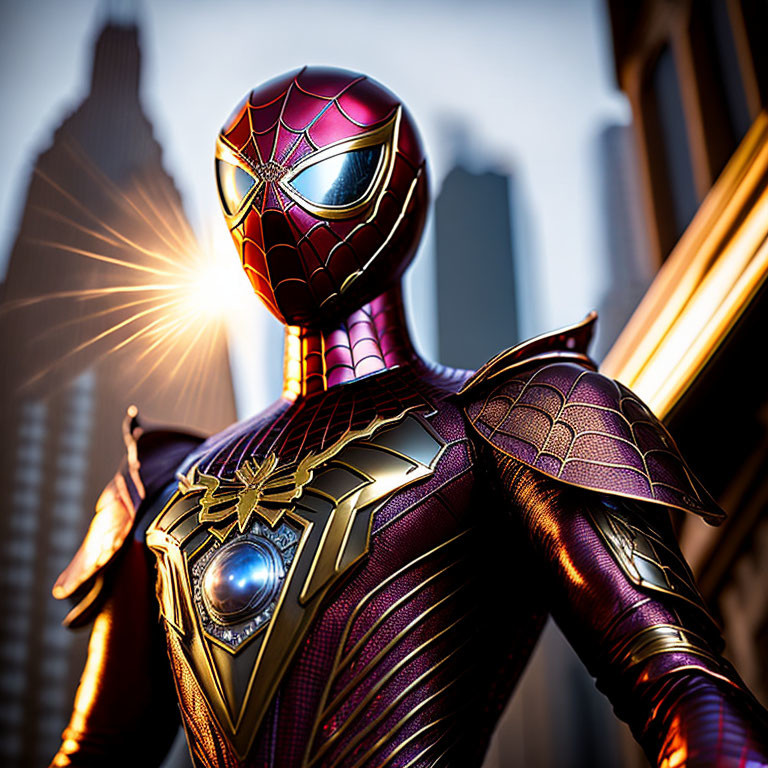 Spider-Man in advanced suit against cityscape with sun flare