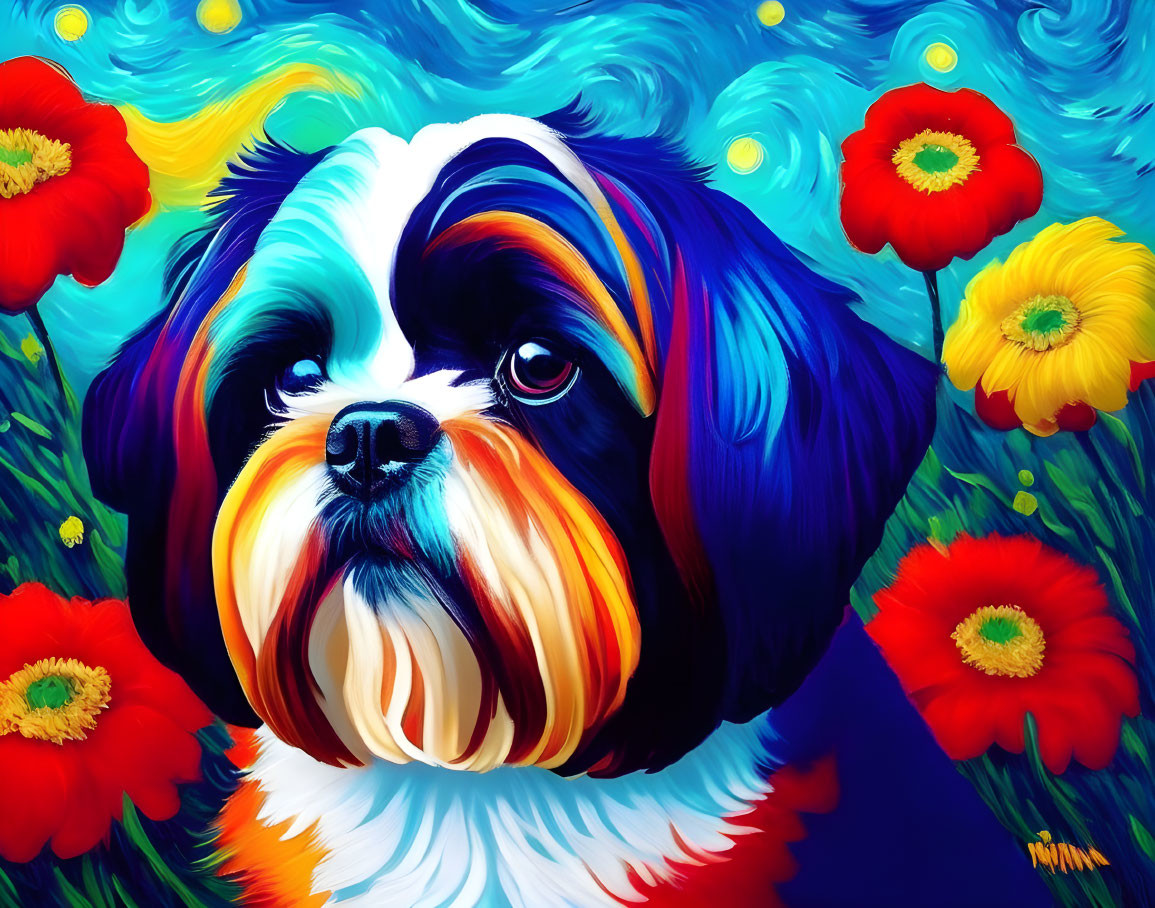 Vibrant Shih Tzu Dog Artwork with Floral and Van Gogh Background