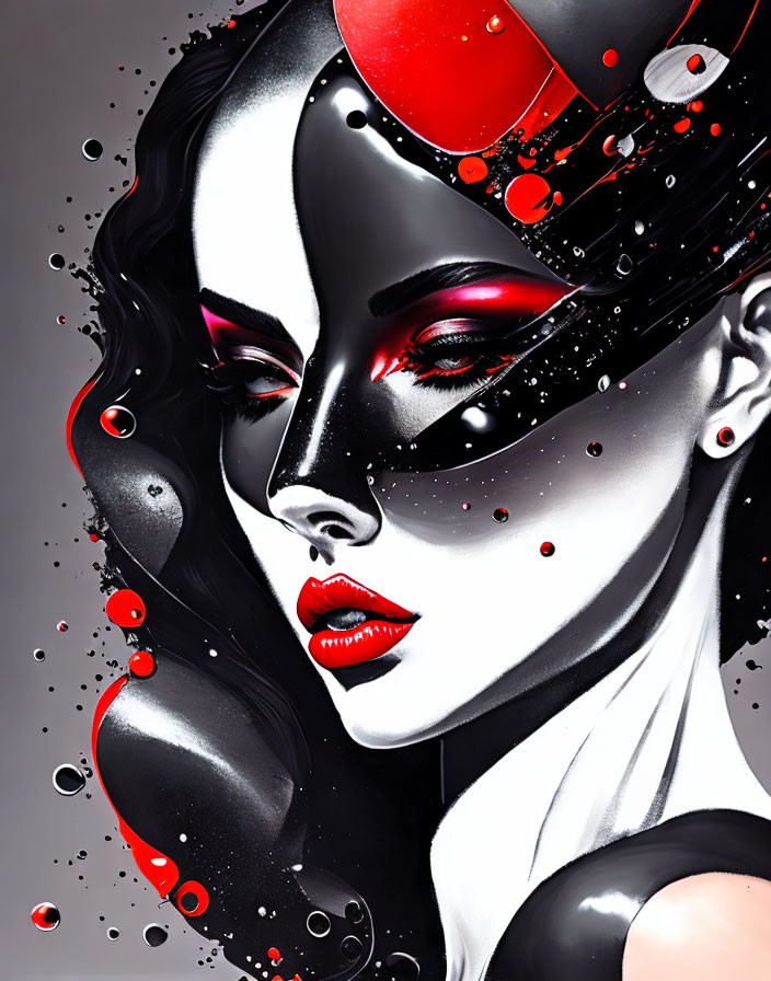 Stylized portrait of a woman with red and black makeup on grey background