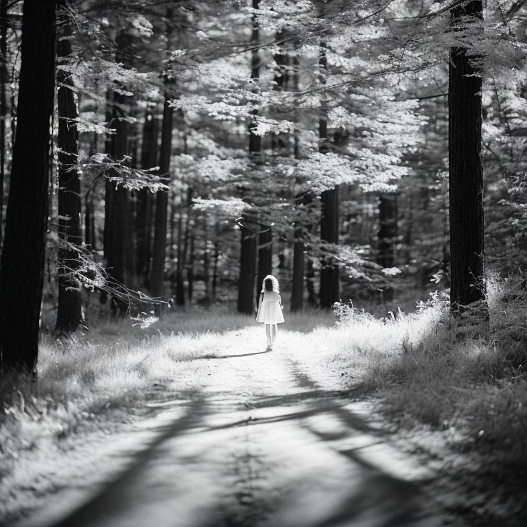 Child walking in sunlit forest with tall trees casting shadows