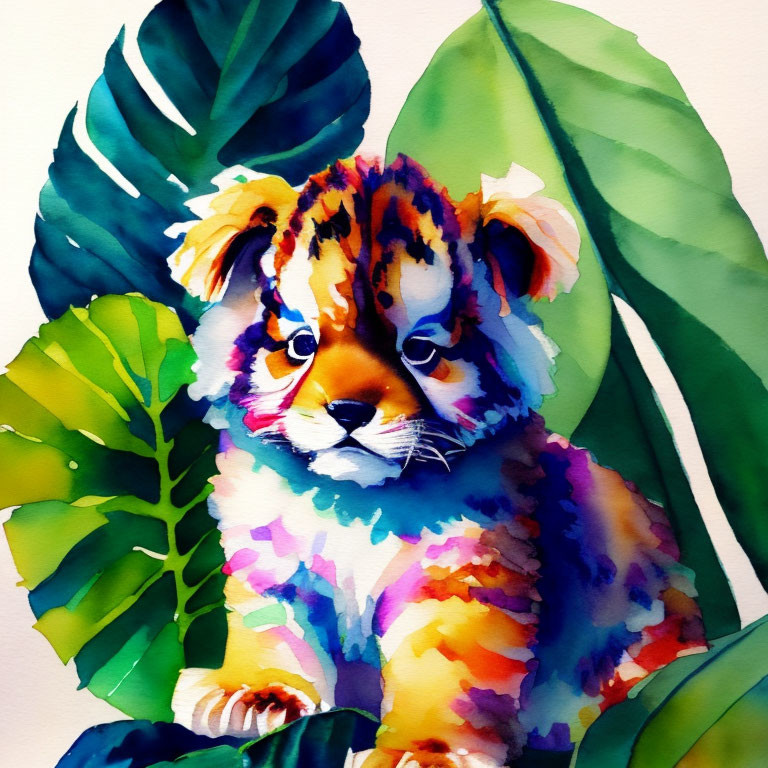 Vibrant Watercolor Painting of Whimsical Tiger Cub in Tropical Setting