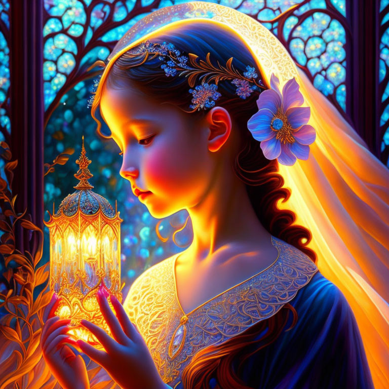 Radiant girl holding ornate lantern with stained glass windows