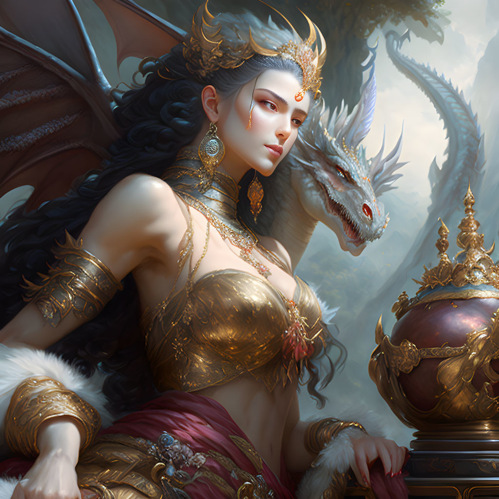 Regal female figure in gold armor with white dragon on mystical backdrop