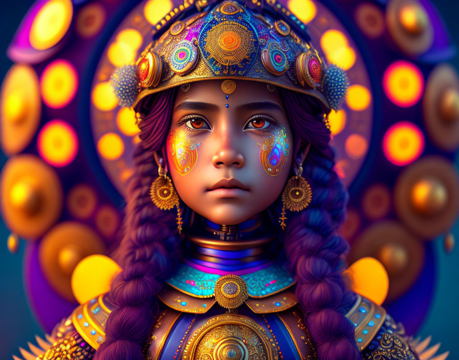 Detailed Illustration: Girl in Golden Armor with Helmet and Face Paint on Colorful Background