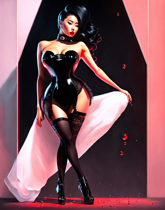 Stylized digital illustration of woman in latex bodysuit and fur coat