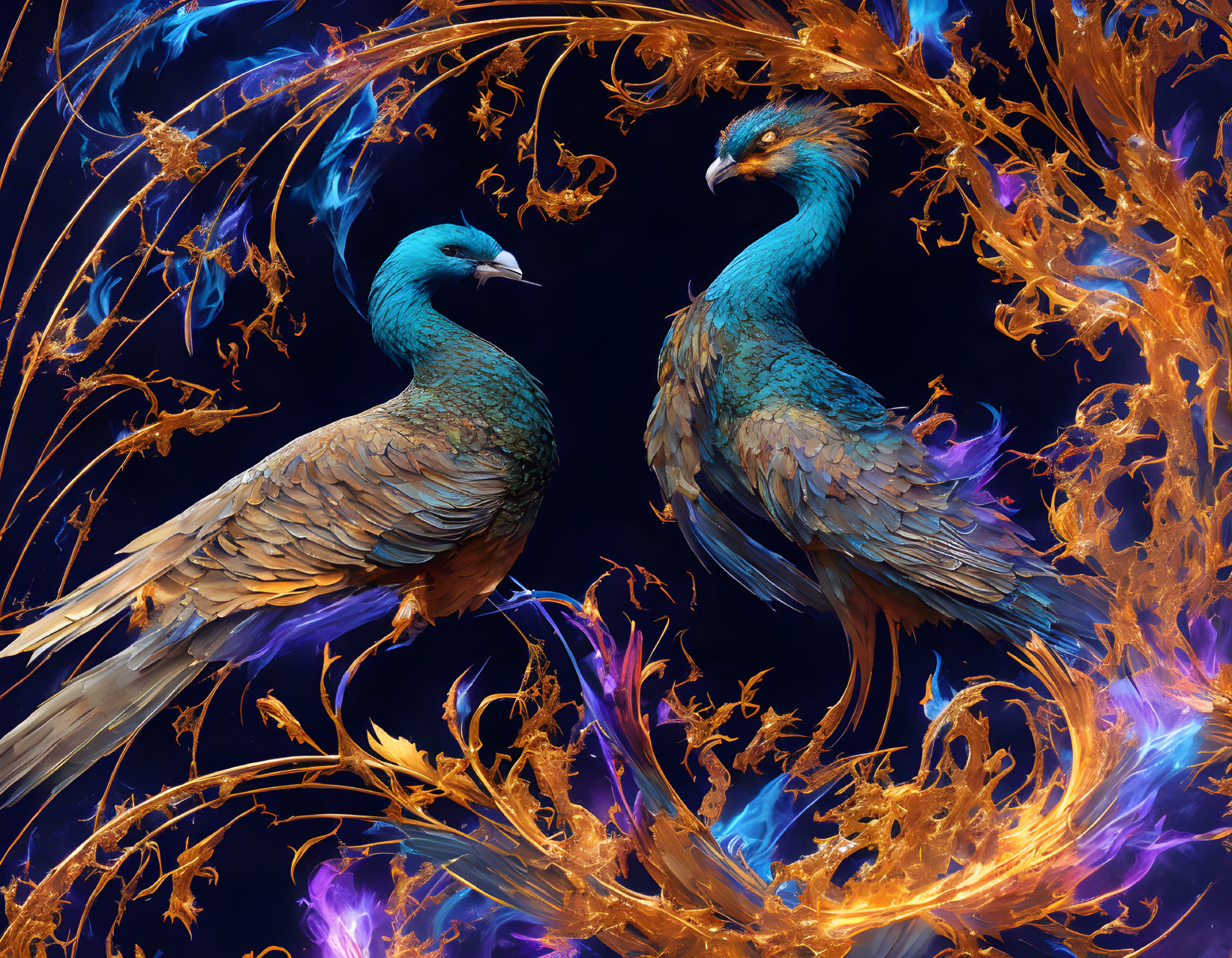 Fiery Peacocks in Mystical Dance on Dark Background