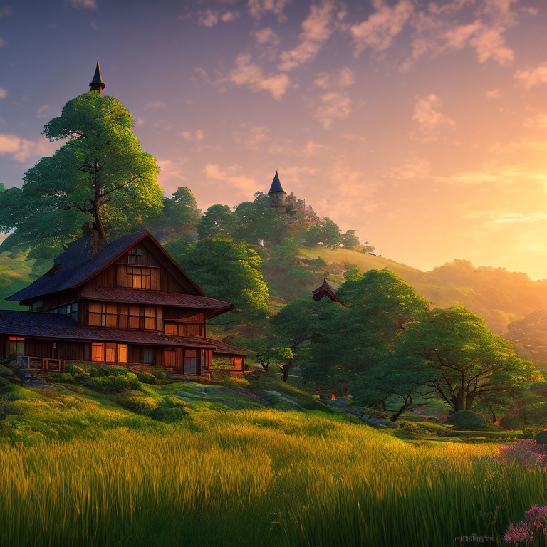 Traditional Japanese house in serene landscape with castle under golden sunset