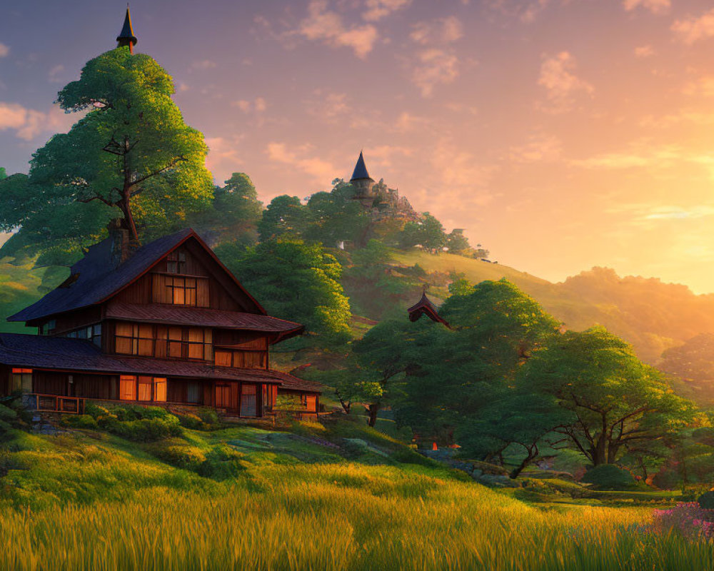 Traditional Japanese house in serene landscape with castle under golden sunset