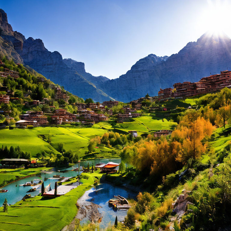 Scenic green valley with layered settlements, river, and mountains under bright sun