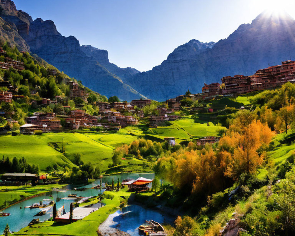 Scenic green valley with layered settlements, river, and mountains under bright sun