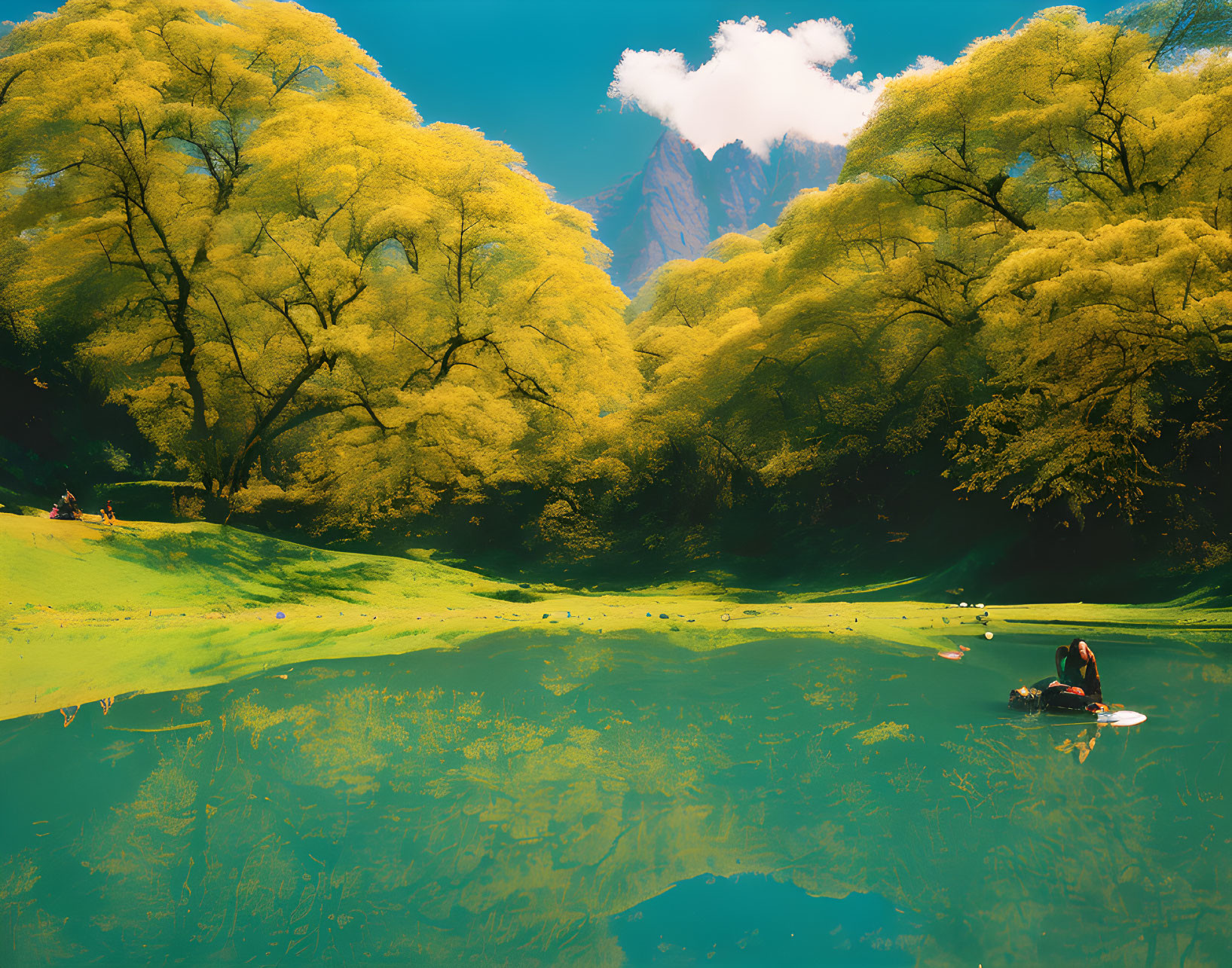 Tranquil park pond with people in boat, lush trees, vibrant sky