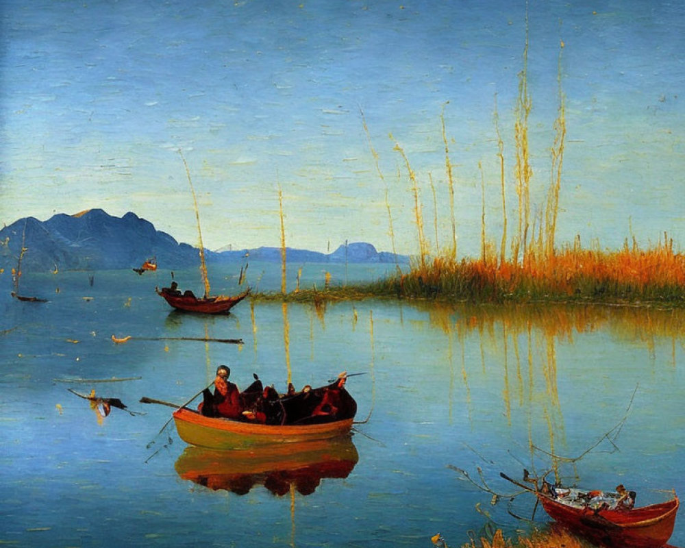 Tranquil landscape painting: serene lake, rowboat, reeds, mountains, blue sky