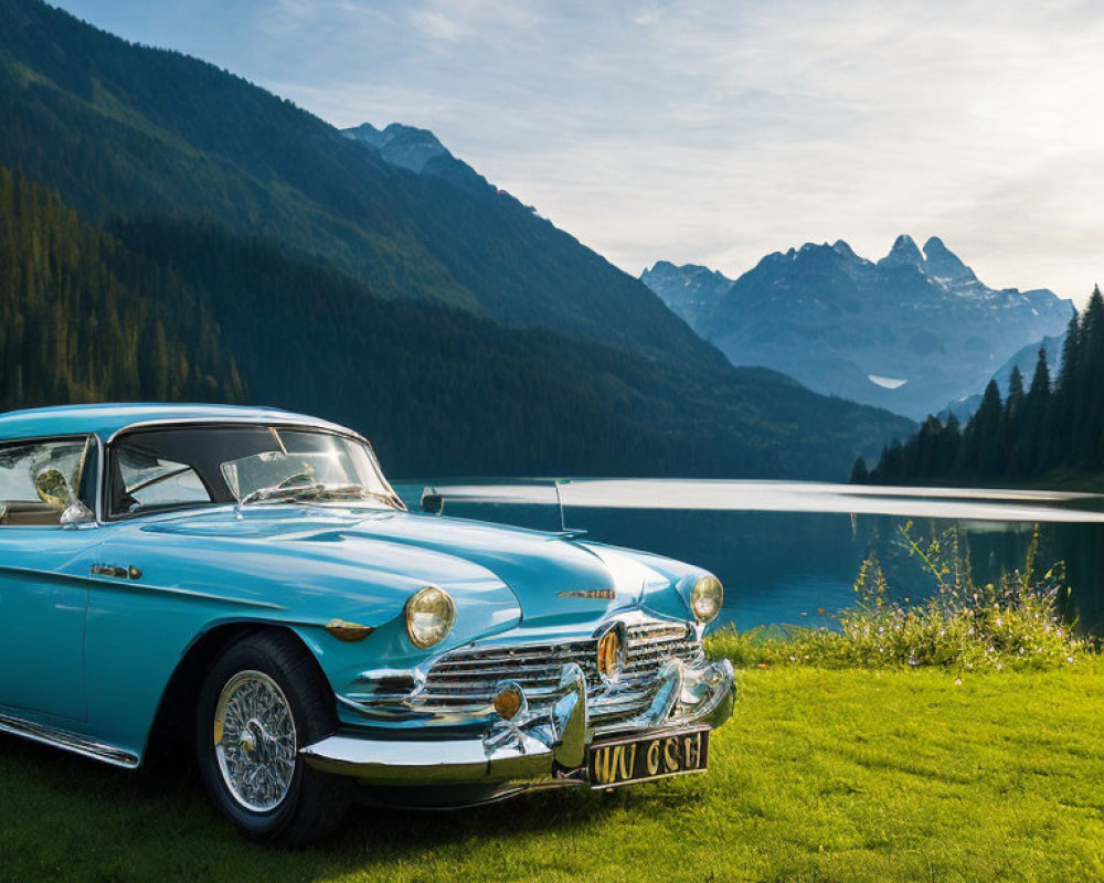 Vintage Blue Car Parked Near Tranquil Lake with Mountainous Backdrop