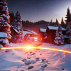 Snow-covered Alpine village at sunset with steepled building and undisturbed snow