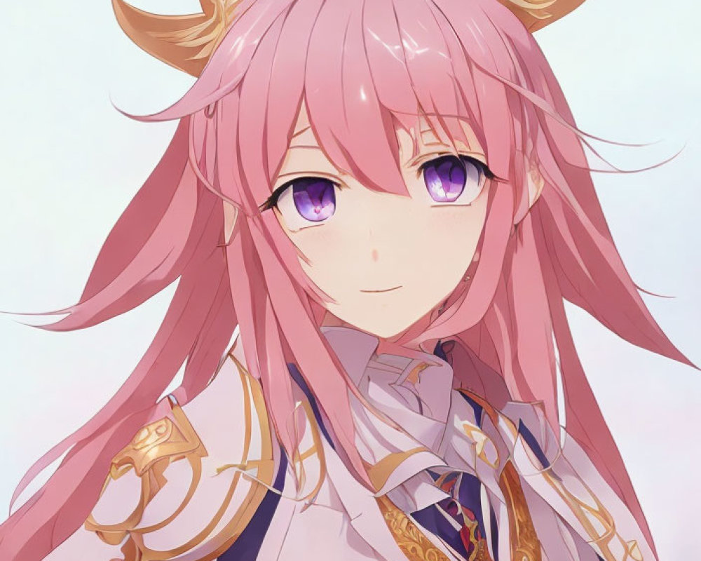 Pink-haired anime character with golden horns, purple eyes, and white & gold outfit.