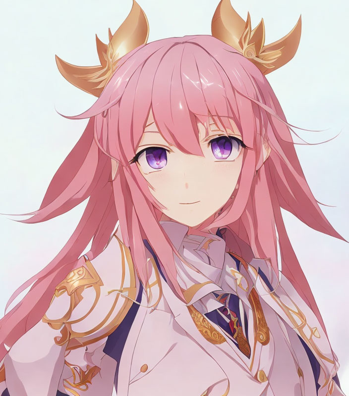 Pink-haired anime character with golden horns, purple eyes, and white & gold outfit.