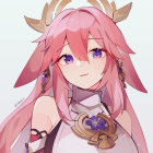 Pink-haired anime character with golden horns, purple eyes, and white & gold outfit.