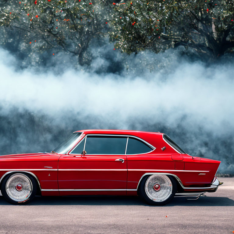 Red Vintage Muscle Car with White-Wall Tires Surrounded by Smoke on Road