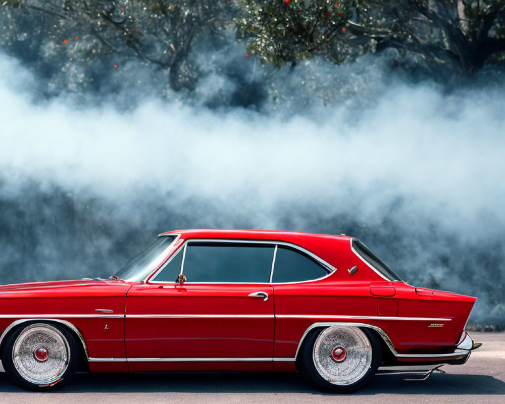 Red Vintage Muscle Car with White-Wall Tires Surrounded by Smoke on Road