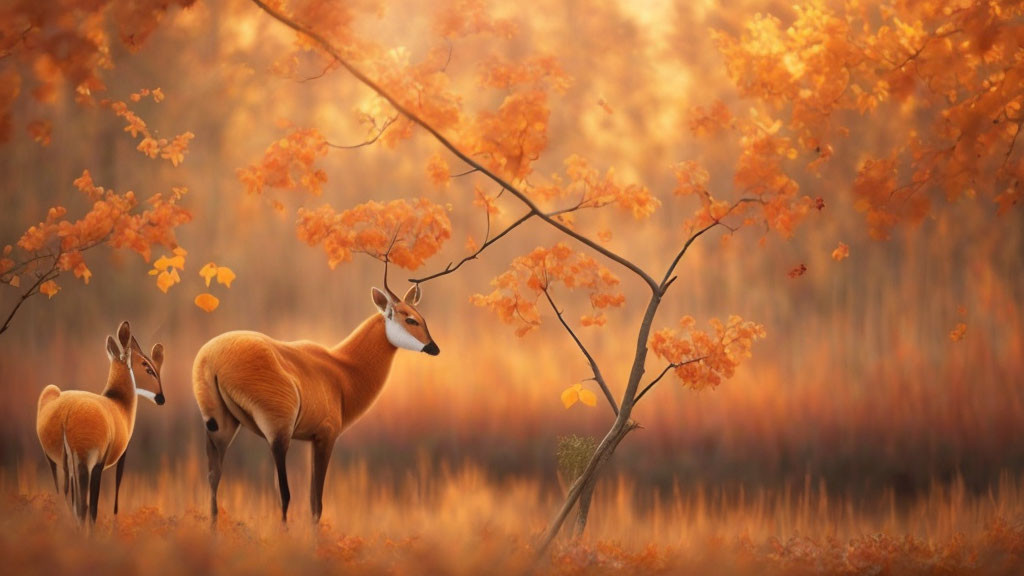 Impalas under tree with orange leaves in warm savanna.