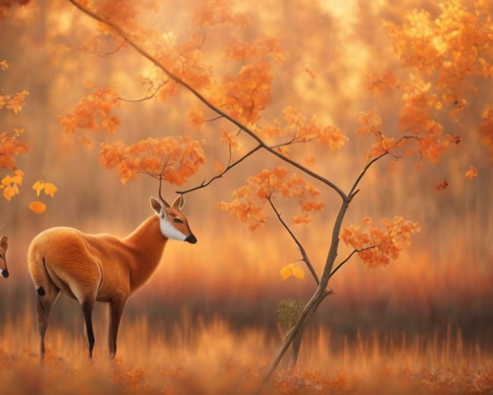 Impalas under tree with orange leaves in warm savanna.