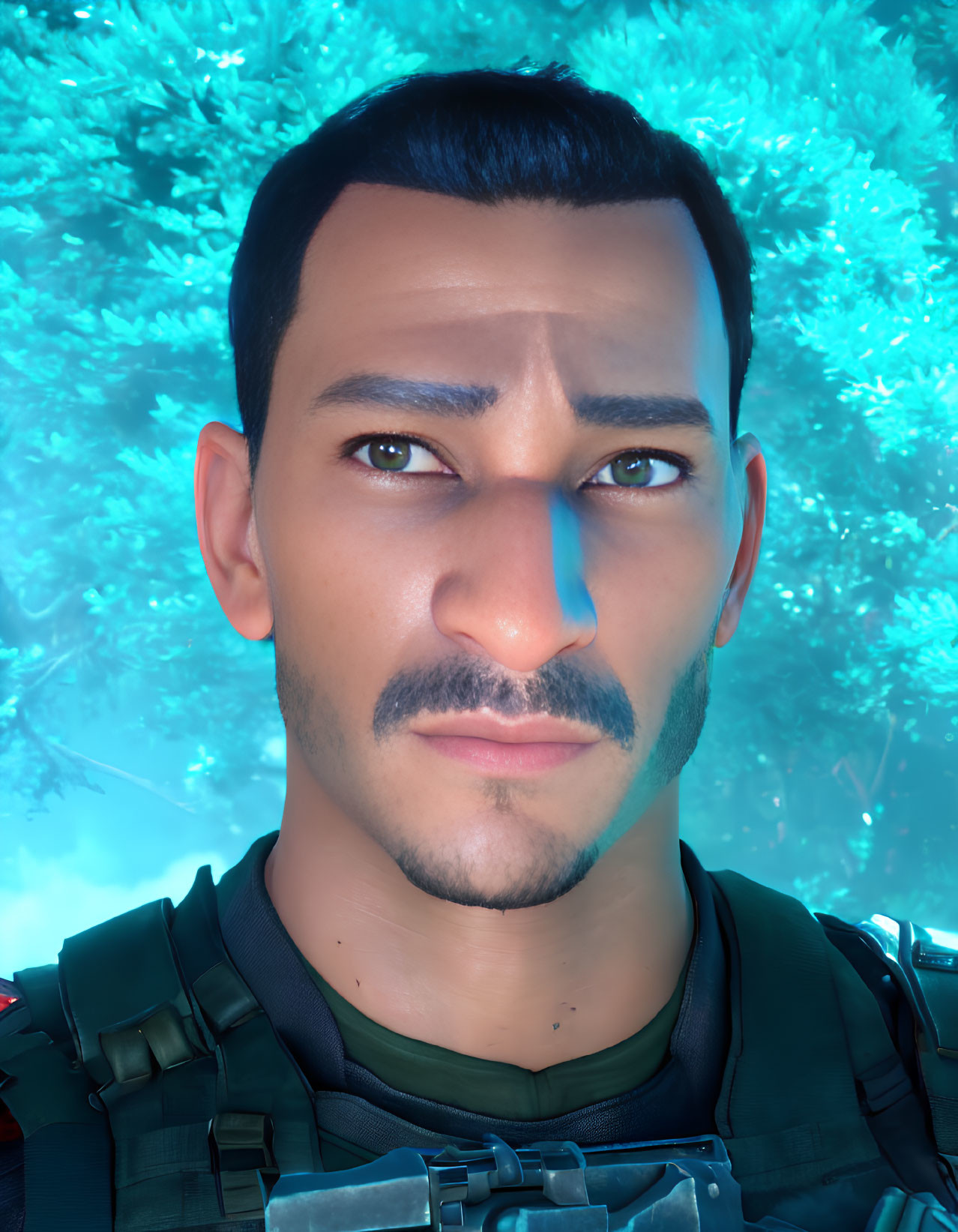 CGI male character with dark hair and military outfit on blue coral background