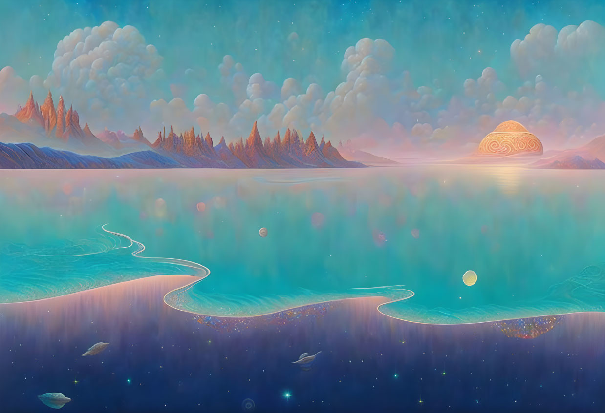 Tranquil lake landscape with pine peninsulas and celestial bodies