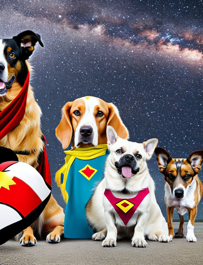 Four Dogs in Superhero Costumes with Space Background