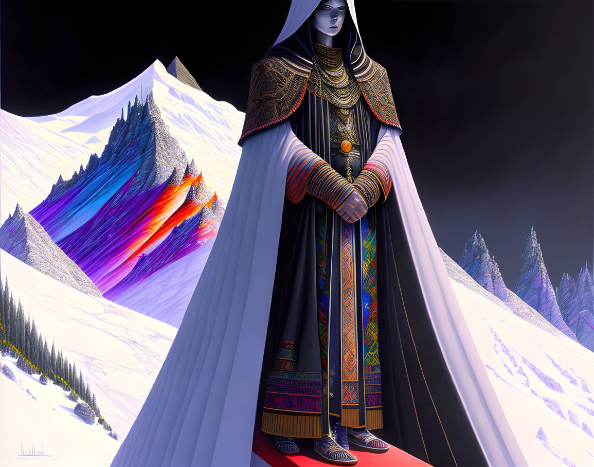 Robed Figure in Ornate Dress in Colorful Snowy Landscape