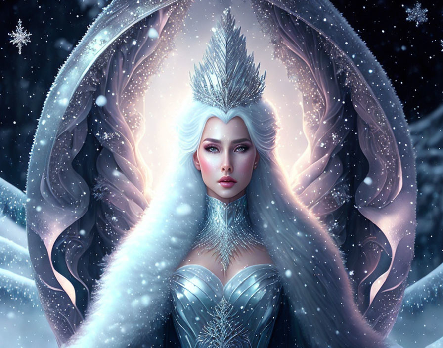 Illustrated Ice Queen with Crystal Crown in Winter Scene