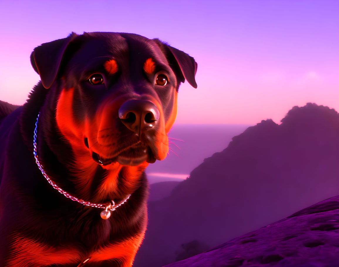 Black and Brown Dog with Shiny Collar in Mountain Sunset Scene