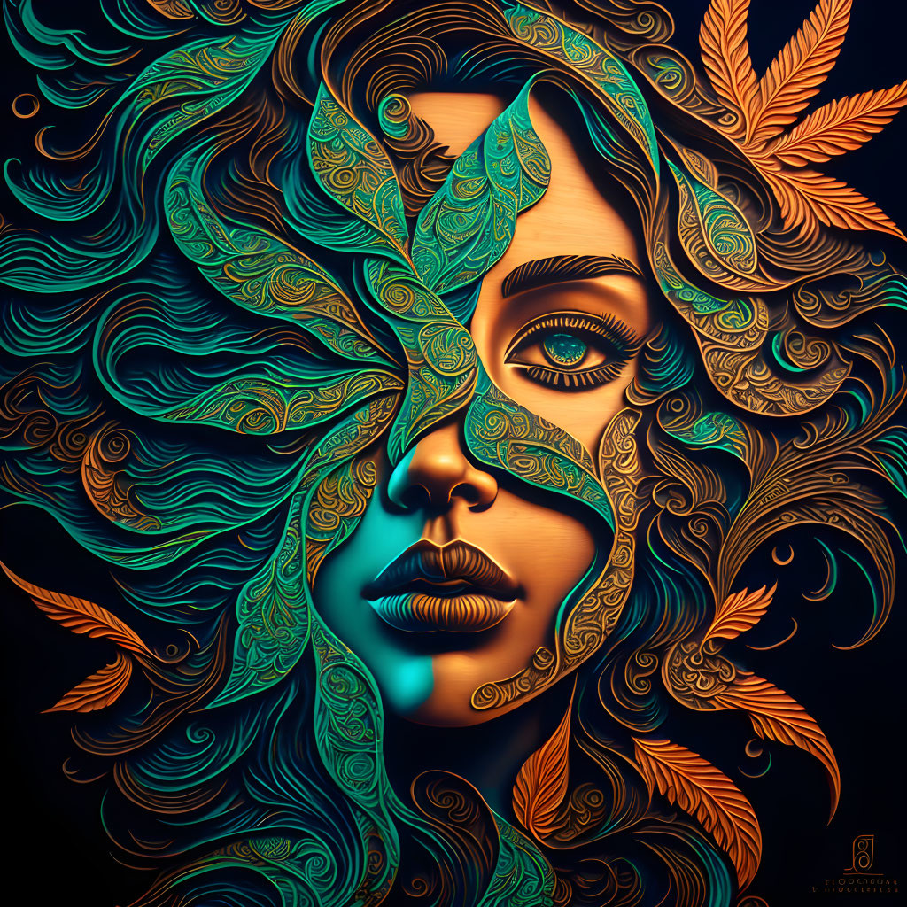 Colorful artwork of woman's face with swirling patterns and leaf motifs