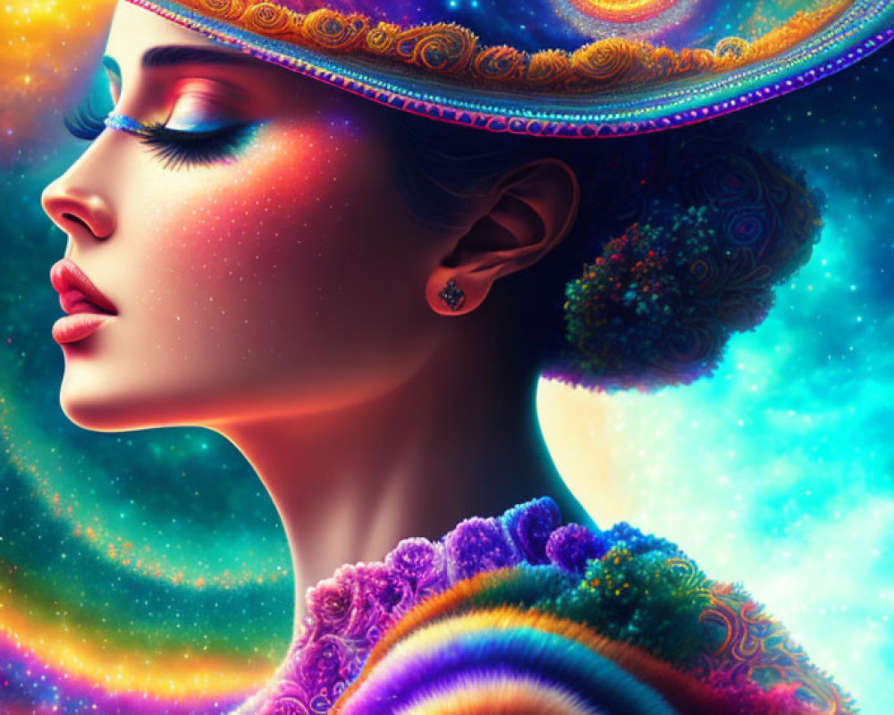 Colorful artwork featuring woman in cosmic-themed attire