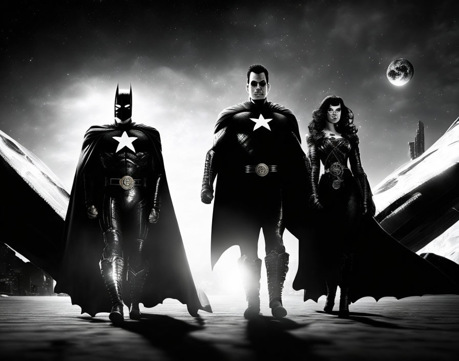 Three superheroes in alternate costume design with star chest emblems under a night sky with a prominent moon