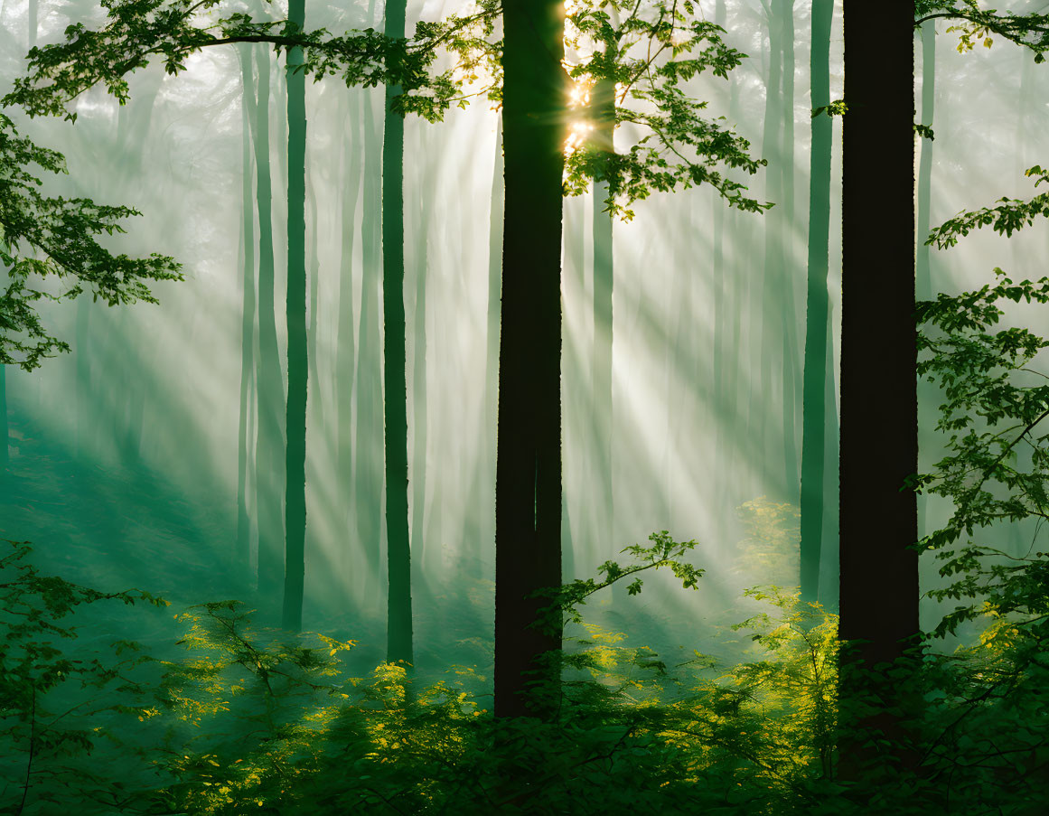 Misty forest with sunlight illuminating green foliage