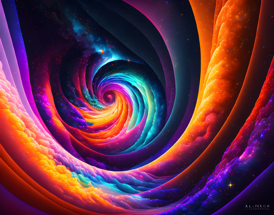 Colorful Cosmic Spiral Artwork with Galaxy and Stars Theme