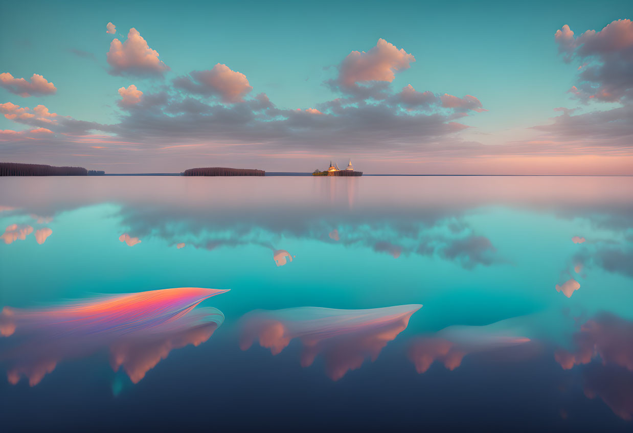 Tranquil sunset scene with ship on calm waters