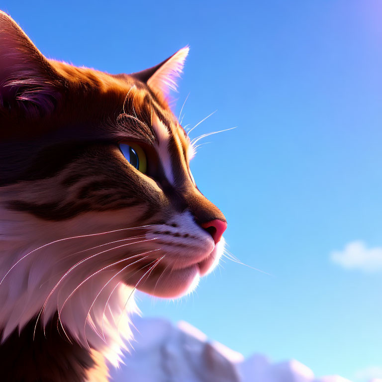 Detailed close-up of animated cat with striking features against blue sky.