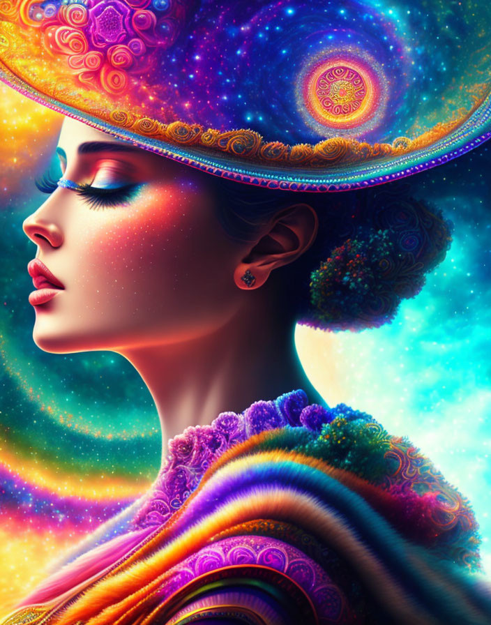 Colorful artwork featuring woman in cosmic-themed attire