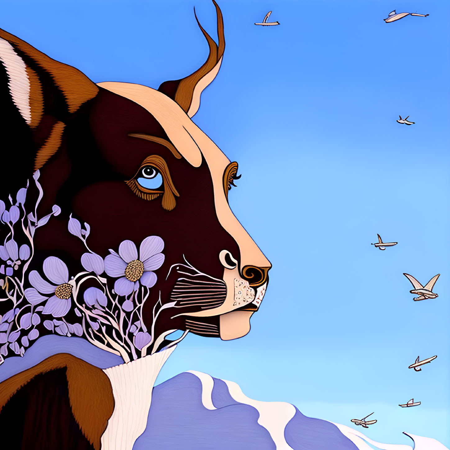 Illustrated portrait of a dog with floral patterns under blue sky