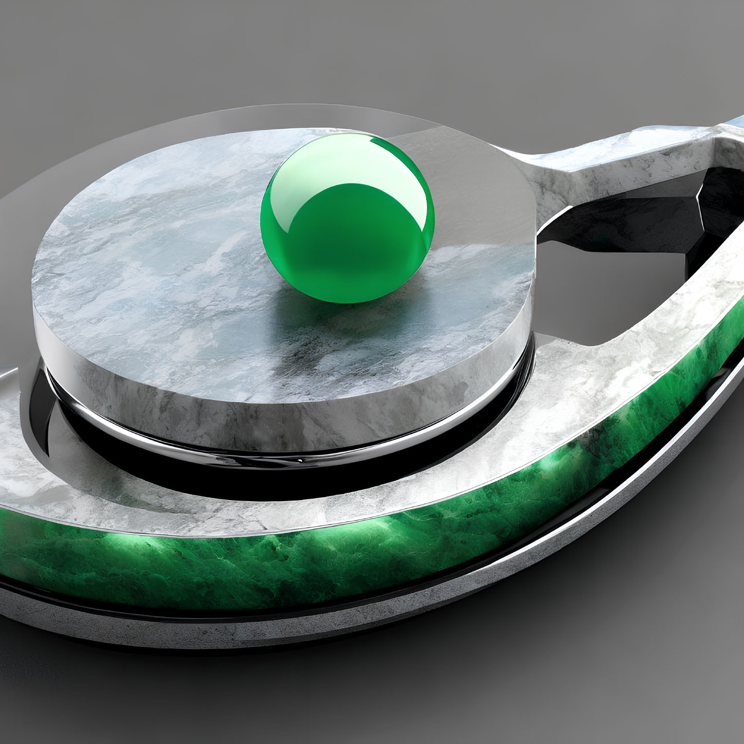 Shiny green sphere on multi-layered structure with marble textures and metallic accents