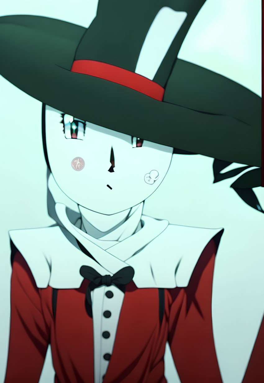 Stylized character with large black hat and red accents