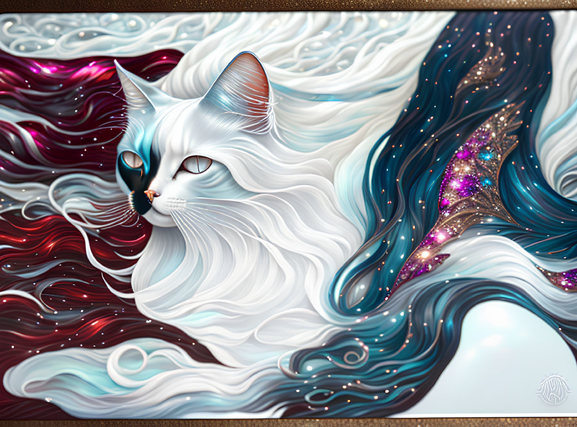 Colorful Cosmic Space Cat Illustration with Multicolored Hair