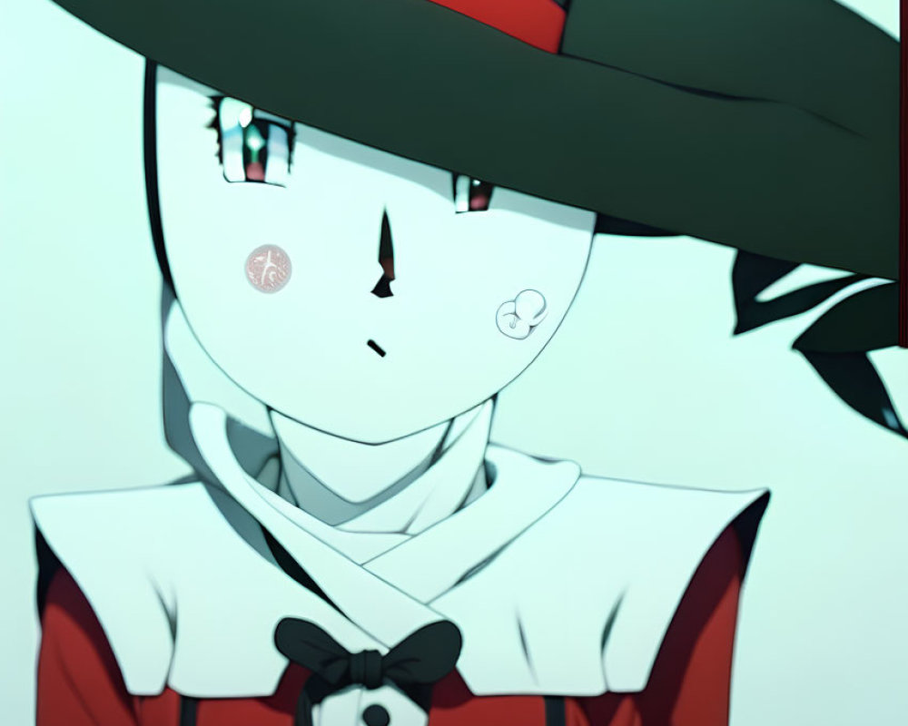 Stylized character with large black hat and red accents